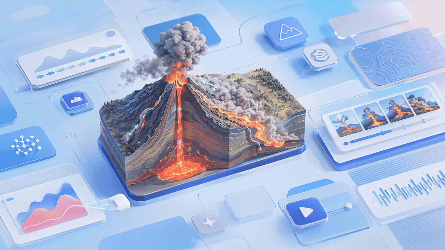AI Motion for Eruptions, Cross-Sections, and Tectonic Processes